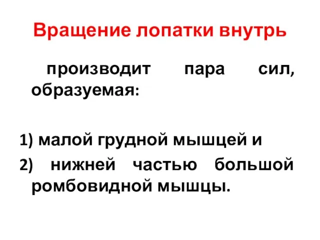 Вращение лопатки внутрь производит пара сил, образуемая: 1) малой грудной мышцей