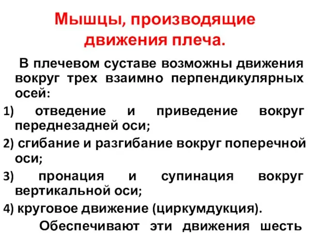 Мышцы, производящие движения плеча. В плечевом суставе возможны движения вокруг трех