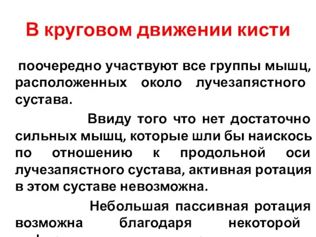 В круговом движении кисти поочередно участвуют все группы мышц, расположенных около