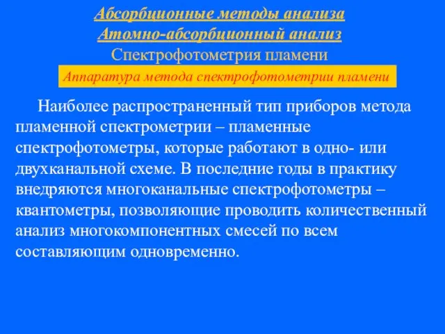 Абсорбционные методы анализа Атомно-абсорбционный анализ Спектрофотометрия пламени Наиболее распространенный тип приборов