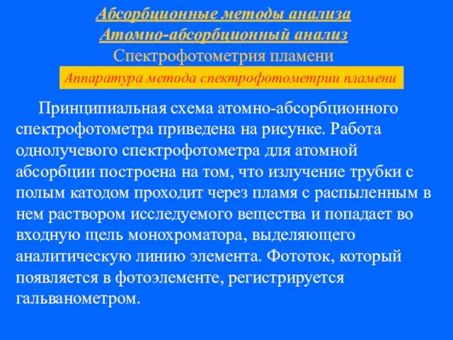 Абсорбционные методы анализа Атомно-абсорбционный анализ Спектрофотометрия пламени Принципиальная схема атомно-абсорбционного спектрофотометра