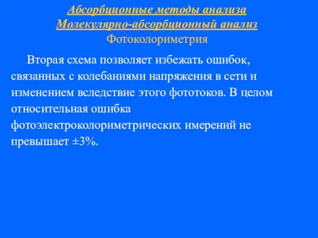 Абсорбционные методы анализа Молекулярно-абсорбционный анализ Фотоколориметрия Вторая схема позволяет избежать ошибок,