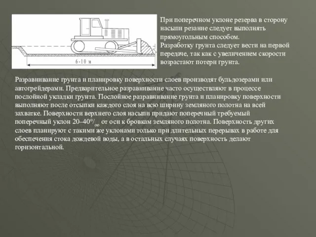 При поперечном уклоне резерва в сторону насыпи резание следует выполнять прямоугольным