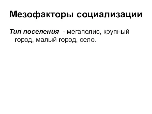 Мезофакторы социализации Тип поселения - мегаполис, крупный город, малый город, село.