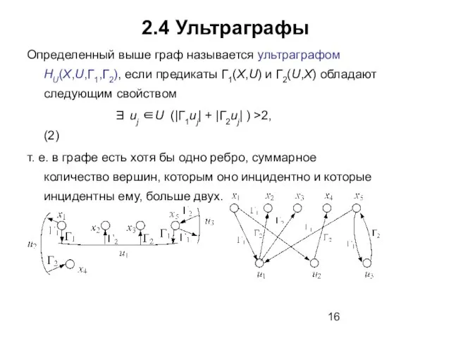 2.4 Ультраграфы Определенный выше граф называется ультраграфом HU(X,U,Г1,Г2), если предикаты Г1(X,U)