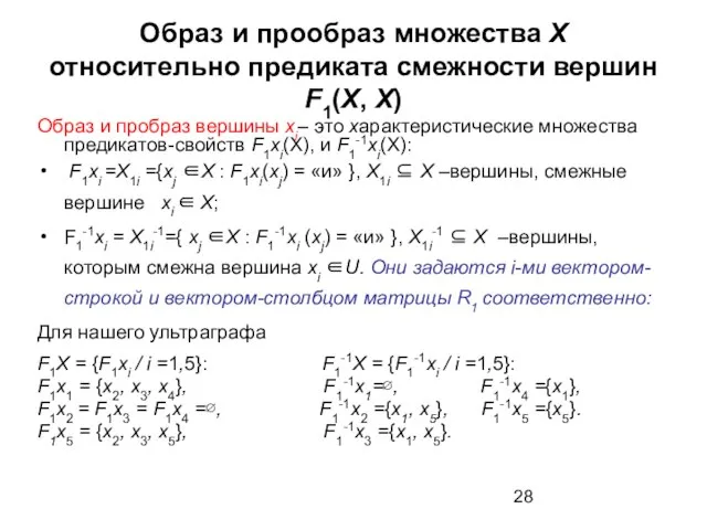 Образ и прообраз множества X относительно предиката смежности вершин F1(X, X)