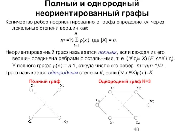 Полный и однородный неориентированный графы Количество ребер неориентированного графа определяется через