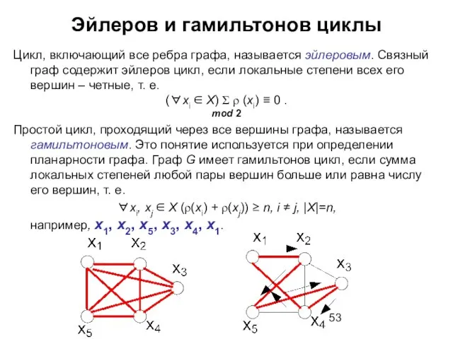 Эйлеров и гамильтонов циклы Цикл, включающий все ребра графа, называется эйлеровым.