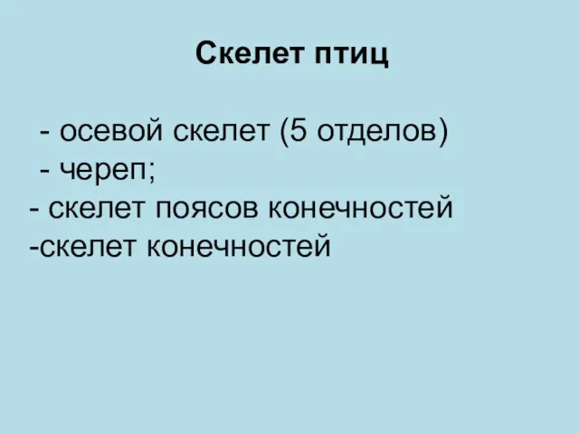 Скелет птиц - осевой скелет (5 отделов) - череп; скелет поясов конечностей скелет конечностей