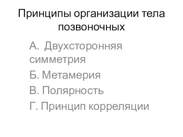 Принципы организации тела позвоночных А. Двухсторонняя симметрия Б. Метамерия В. Полярность Г. Принцип корреляции