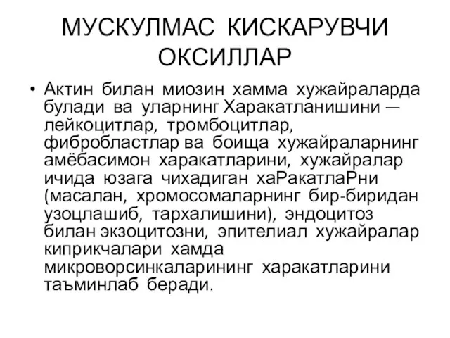 МУСКУЛМАС КИСКАРУВЧИ ОКСИЛЛАР Актин билан миозин хамма хужайраларда булади ва уларнинг