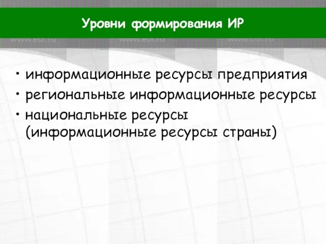 информационные ресурсы предприятия региональные информационные ресурсы национальные ресурсы (информационные ресурсы страны) Уровни формирования ИР