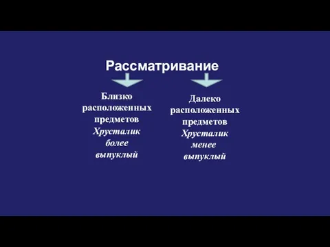 Рассматривание Близко расположенных предметов Хрусталик более выпуклый Далеко расположенных предметов Хрусталик менее выпуклый