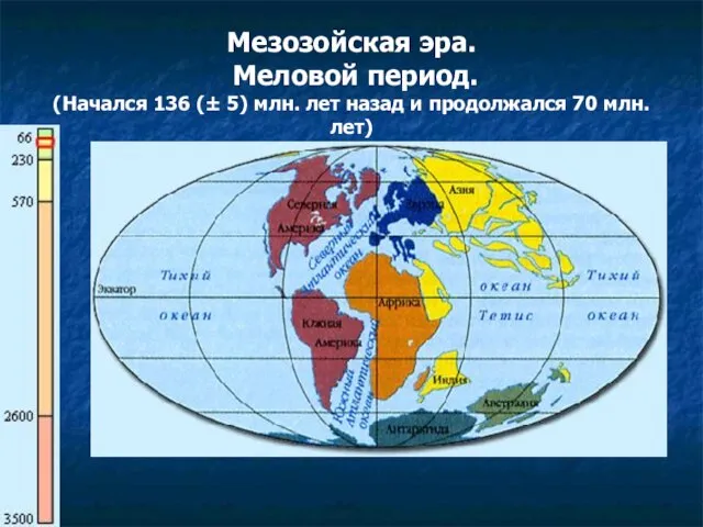 Мезозойская эра. Меловой период. (Начался 136 (± 5) млн. лет назад и продолжался 70 млн. лет)