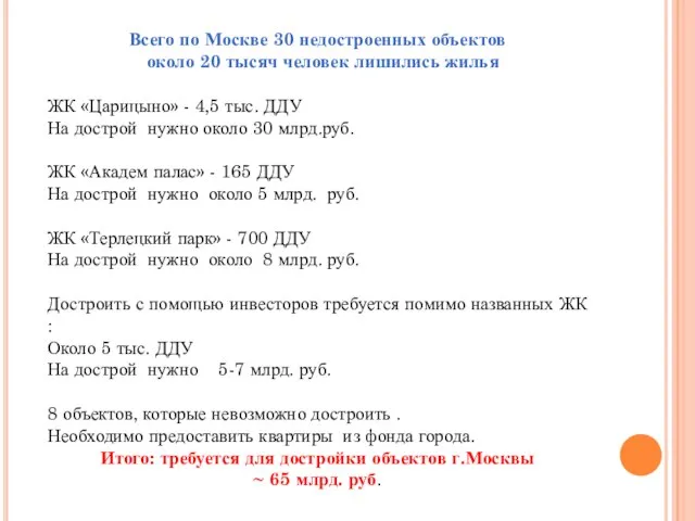 Всего по Москве 30 недостроенных объектов около 20 тысяч человек лишились