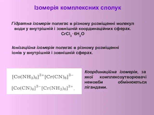 Ізомерія комплексних сполук Гідратна ізомерія полягає в різному розміщенні молекул води