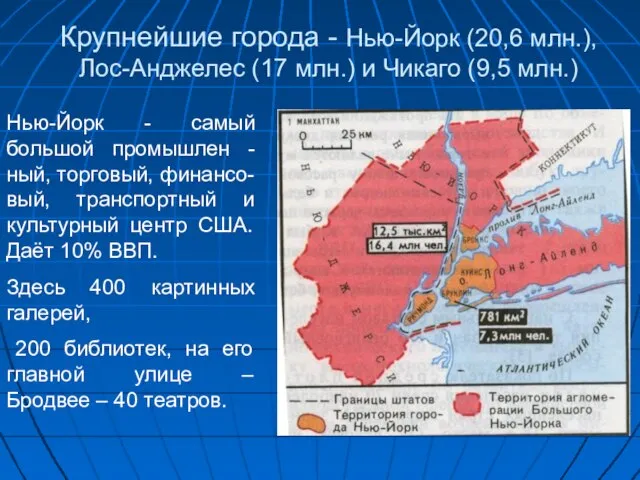 Крупнейшие города - Нью-Йорк (20,6 млн.), Лос-Анджелес (17 млн.) и Чикаго