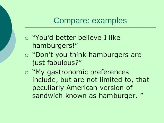 Compare: examples “You’d better believe I like hamburgers!” “Don’t you think