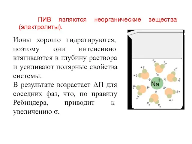 ПИВ являются неорганические вещества (электролиты). Ионы хорошо гидратируются, поэтому они интенсивно