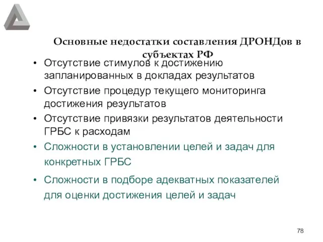 Основные недостатки составления ДРОНДов в субъектах РФ Отсутствие стимулов к достижению