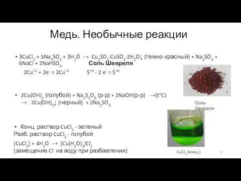 Медь. Необычные реакции 3CuCl2 + 5Na2SO3 + 3H2O → Cu2SO3∙CuSO3∙2H2O↓ (темно-красный)