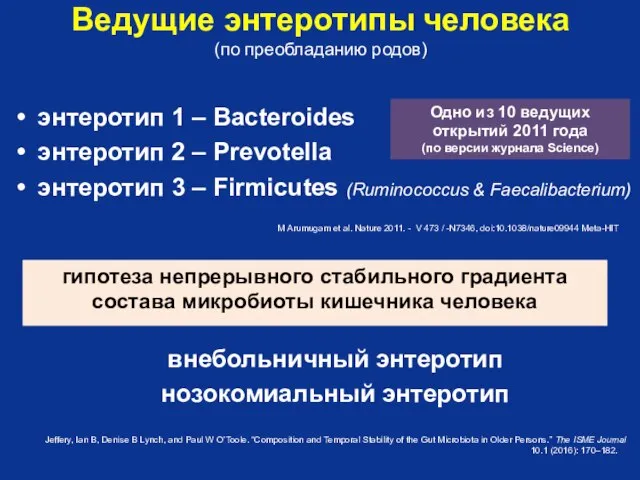 Ведущие энтеротипы человека (по преобладанию родов) энтеротип 1 – Bacteroides энтеротип