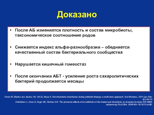 Доказано После АБ изменяется плотность и состав микробиоты, таксономическое соотношение родов