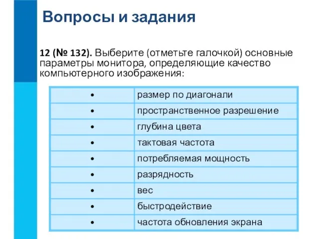 Вопросы и задания 12 (№ 132). Выберите (отметьте галочкой) основные параметры монитора, определяющие качество компьютерного изображения: