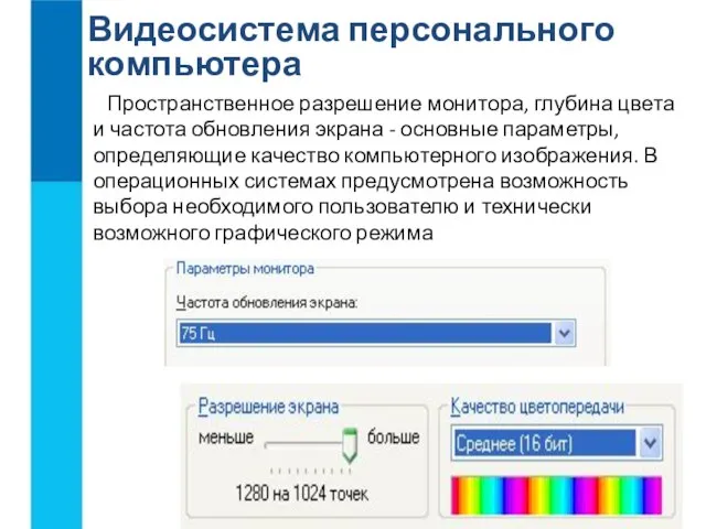 Видеосистема персонального компьютера Пространственное разрешение монитора, глубина цвета и частота обновления