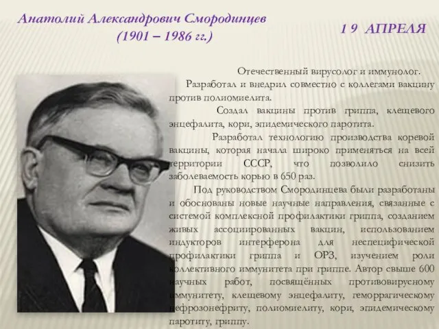 1 9 АПРЕЛЯ Анатолий Александрович Смородинцев (1901 – 1986 гг.) Отечественный