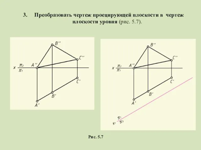 3. Преобразовать чертеж проецирующей плоскости в чертеж плоскости уровня (рис. 5.7). Рис. 5.7