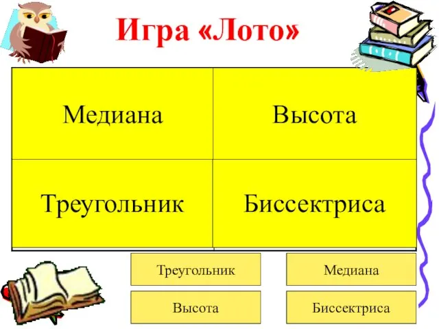 Игра «Лото» Треугольник Высота Биссектриса Медиана Треугольник Биссектриса Высота Медиана