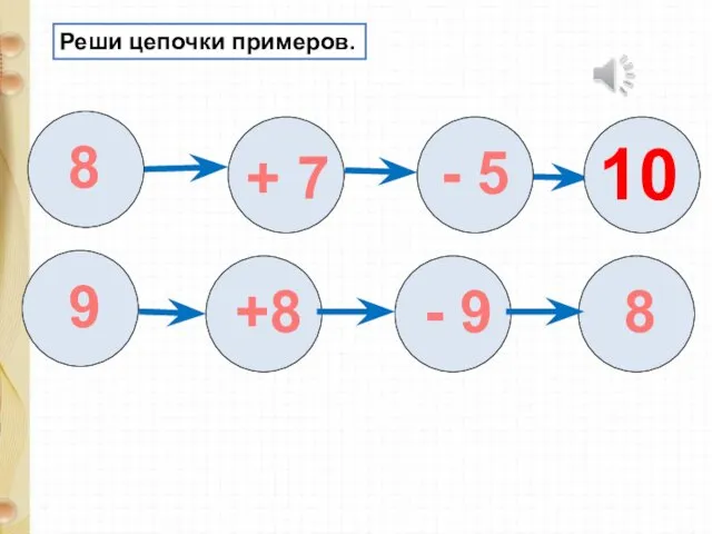 Реши цепочки примеров. 8 + 7 - 5 10 9 +8 - 9 8