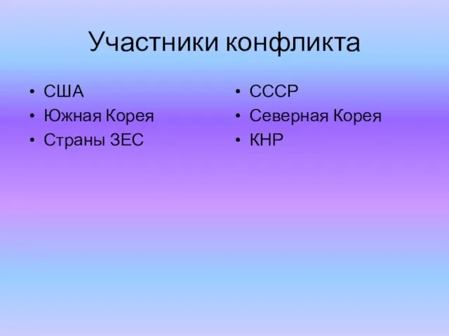 Участники конфликта США Южная Корея Страны ЗЕС СССР Северная Корея КНР