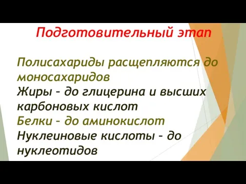 Подготовительный этап Полисахариды расщепляются до моносахаридов Жиры – до глицерина и