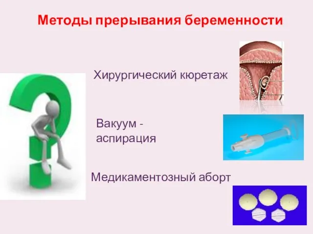 Методы прерывания беременности Хирургический кюретаж Вакуум - аспирация Медикаментозный аборт