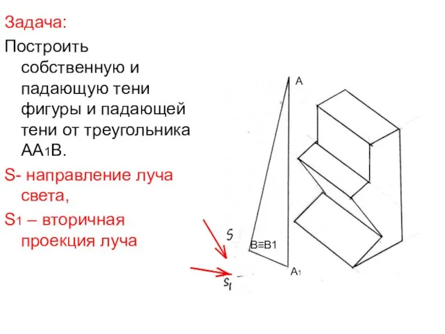 Задача: Построить собственную и падающую тени фигуры и падающей тени от