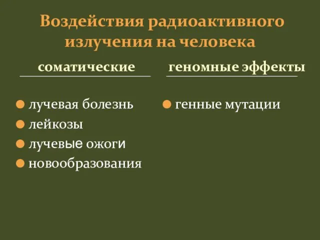 соматические лучевая болезнь лейкозы лучевые ожоги новообразования генные мутации Воздействия радиоактивного излучения на человека геномные эффекты