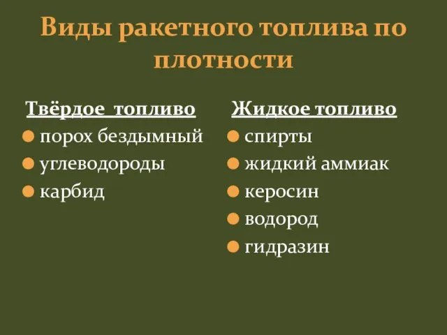 Виды ракетного топлива по плотности Твёрдое топливо порох бездымный углеводороды карбид