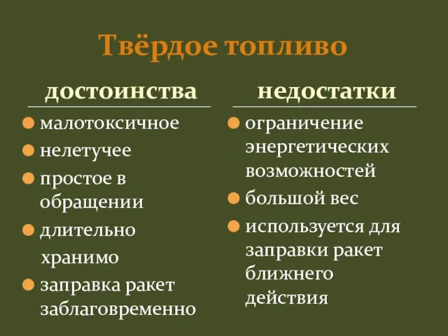 Твёрдое топливо достоинства малотоксичное нелетучее простое в обращении длительно хранимо заправка