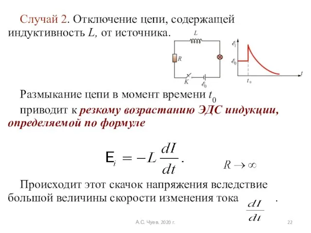 Случай 2. Отключение цепи, содержащей индуктивность L, от источника. Размыкание цепи