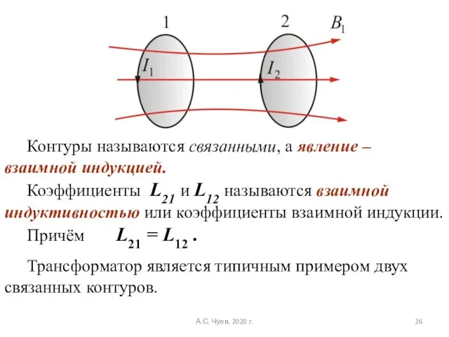 Контуры называются связанными, а явление – взаимной индукцией. Коэффициенты L21 и