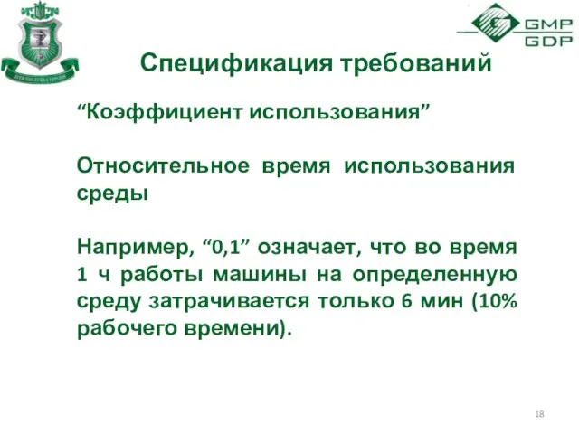 Спецификация требований “Коэффициент использования” Относительное время использования среды Например, “0,1” означает,