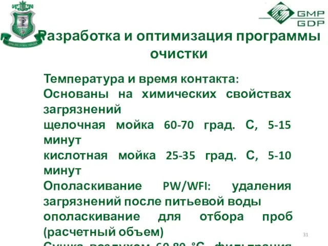 Разработка и оптимизация программы очистки Температура и время контакта: Основаны на