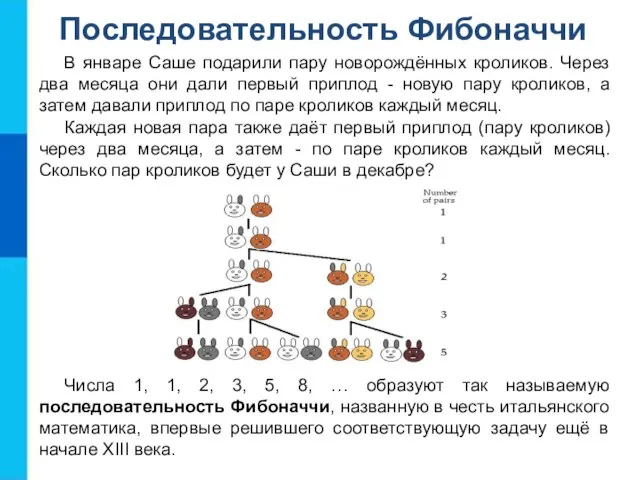 Последовательность Фибоначчи В январе Саше подарили пару новорождённых кроликов. Через два