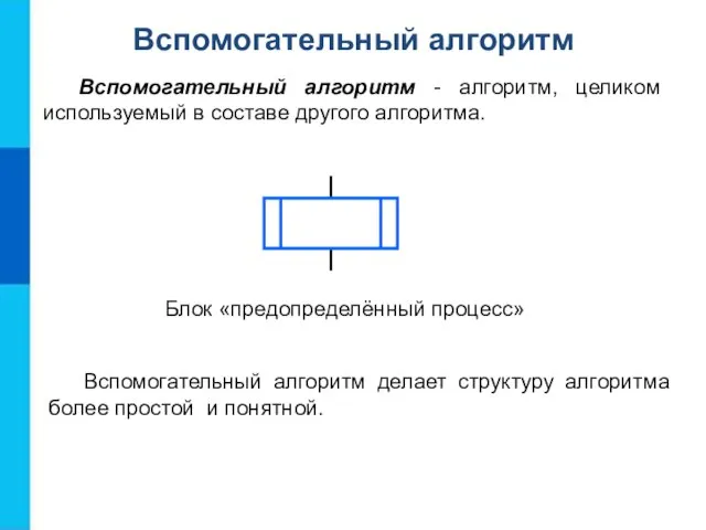 Вспомогательный алгоритм Вспомогательный алгоритм - алгоритм, целиком используемый в составе другого