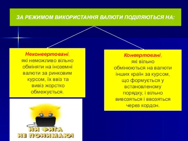 ЗА РЕЖИМОМ ВИКОРИСТАННЯ ВАЛЮТИ ПОДІЛЯЮТЬСЯ НА: Неконвертовані, які неможливо вільно обміняти