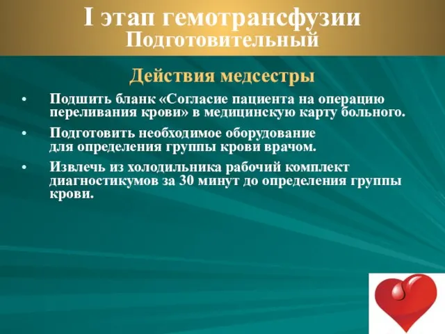 Действия медсестры Подшить бланк «Согласие пациента на операцию переливания крови» в