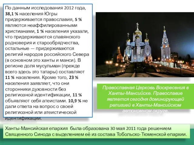 Православная Церковь Воскресения в Ханты-Мансийске. Православие является сегодня доминирующей религией в