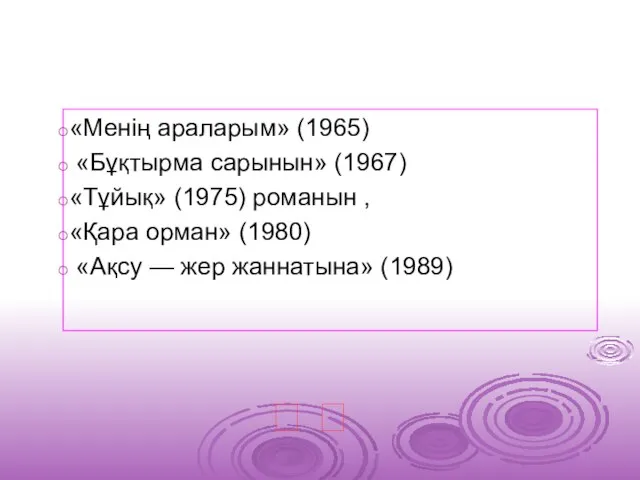 «Менің араларым» (1965) «Бұқтырма сарынын» (1967) «Тұйық» (1975) романын , «Қара